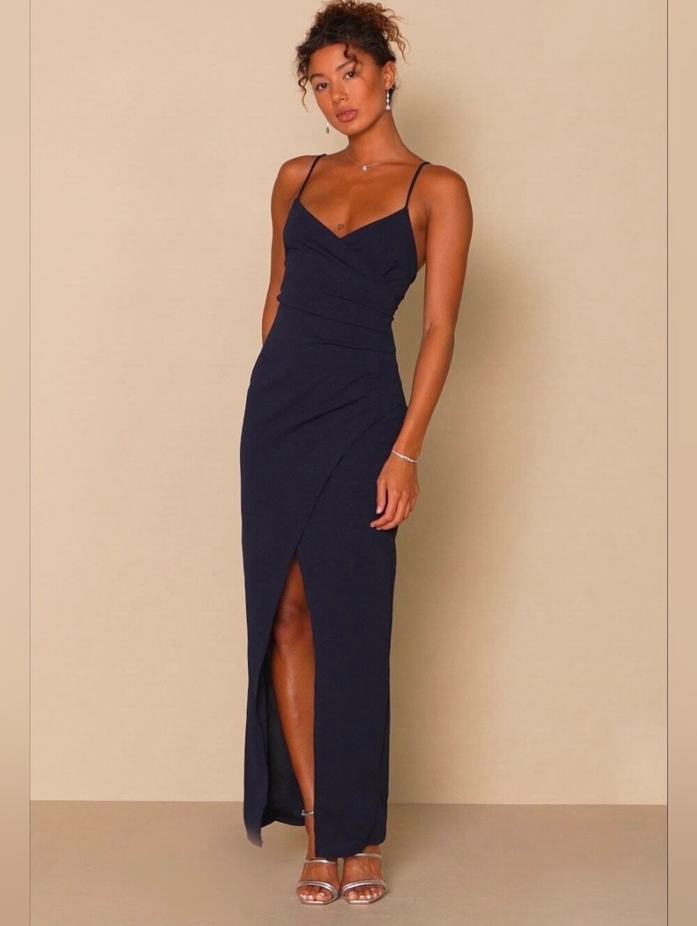 Lulus Sweetest Admirer Navy Blue Ruched Surplice Maxi Dress, Size Large